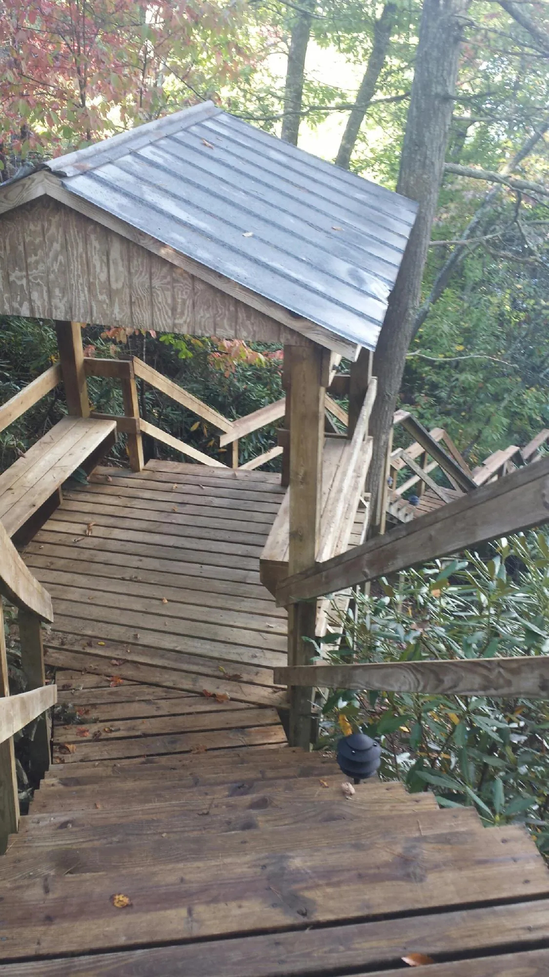 Metal roofed shelter over wooden steps on a wooded walkway — Skylight Repair & Installation work by our crew in Tingley